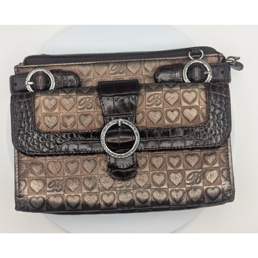 BRIGHTON Brown Heart Print Croc Embossed Organizer Purse Handbag Wallet NO STRAP